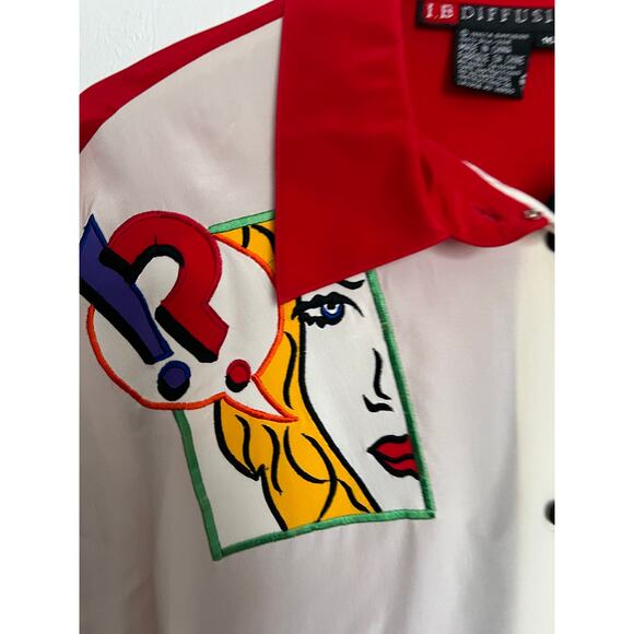 Vintage IB Diffusion Blouse Top Womens 16 Silk Pop Cartoon Embroidered Comic Red - Picture 4 of 7